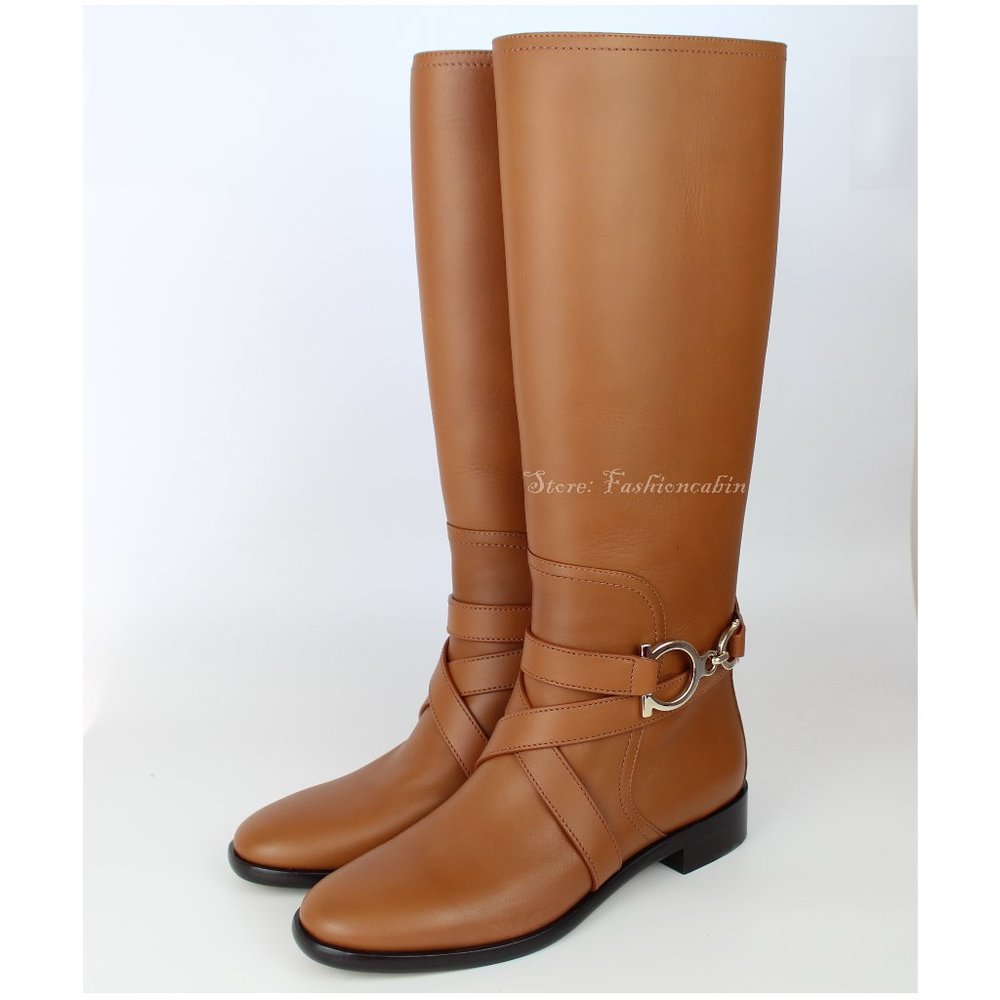 New Salvatore Ferragamo Sarah Tan Leather Boot US 6.5 Knee High Pull Round Toe